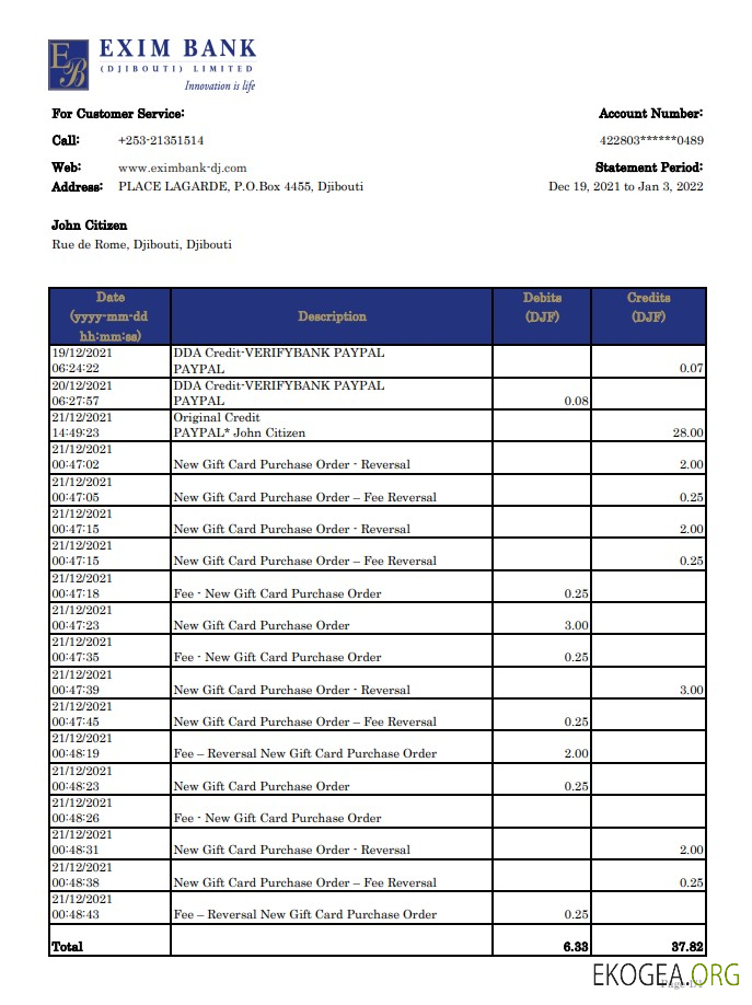 Relevé de la Banque Exim de Djibouti